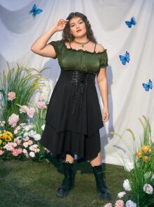 ROMWE Fairycore Đầm Plus Size Bất đối xứng Ren lên màu trơn Thanh lịch - Nhiều màu - Xem 4