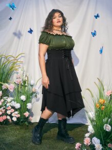 ROMWE Fairycore Đầm Plus Size Bất đối xứng Ren lên màu trơn Thanh lịch - Nhiều màu - Xem 5