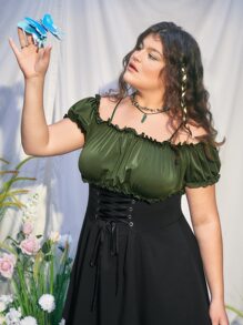 ROMWE Fairycore Đầm Plus Size Bất đối xứng Ren lên màu trơn Thanh lịch - Nhiều màu - Xem 6