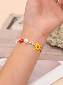 花和人造珍珠裝飾串珠手鏈 - 彩色 - 查看 3