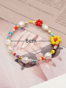 花和人造珍珠裝飾串珠手鏈 - 彩色 - 查看 4