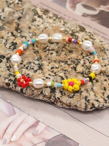 花和人造珍珠裝飾串珠手鏈 - 彩色 - 查看 5