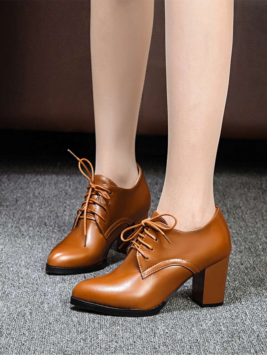 Women Lace-up Front Point Toe Chunky Heeled Pumps, Elegant Brown Oxford Pumps - Brown - View 1