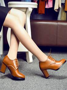 Women Lace-up Front Point Toe Chunky Heeled Pumps, Elegant Brown Oxford Pumps - Brown - View 2