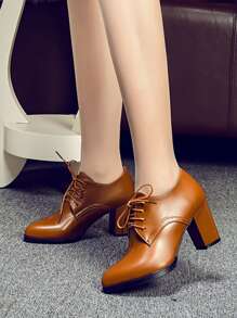 Women Lace-up Front Point Toe Chunky Heeled Pumps, Elegant Brown Oxford Pumps - Brown - View 3