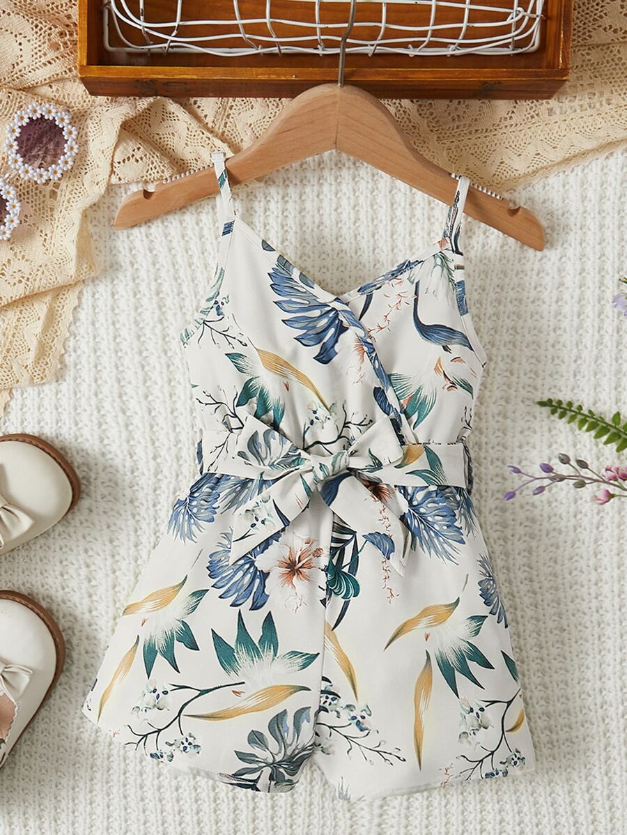 SHEIN Leap Crew Young Girl Tropical Print Belted Cami Romper