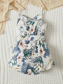 SHEIN Leap Crew Young Girl Tropical Print Belted Cami Romper