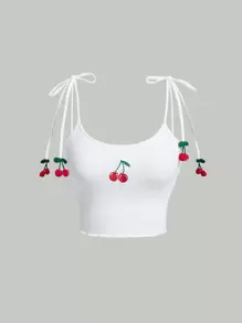 SHEIN MOD Cherry Embroidery Lettuce Trim Cami Top - White - View 2