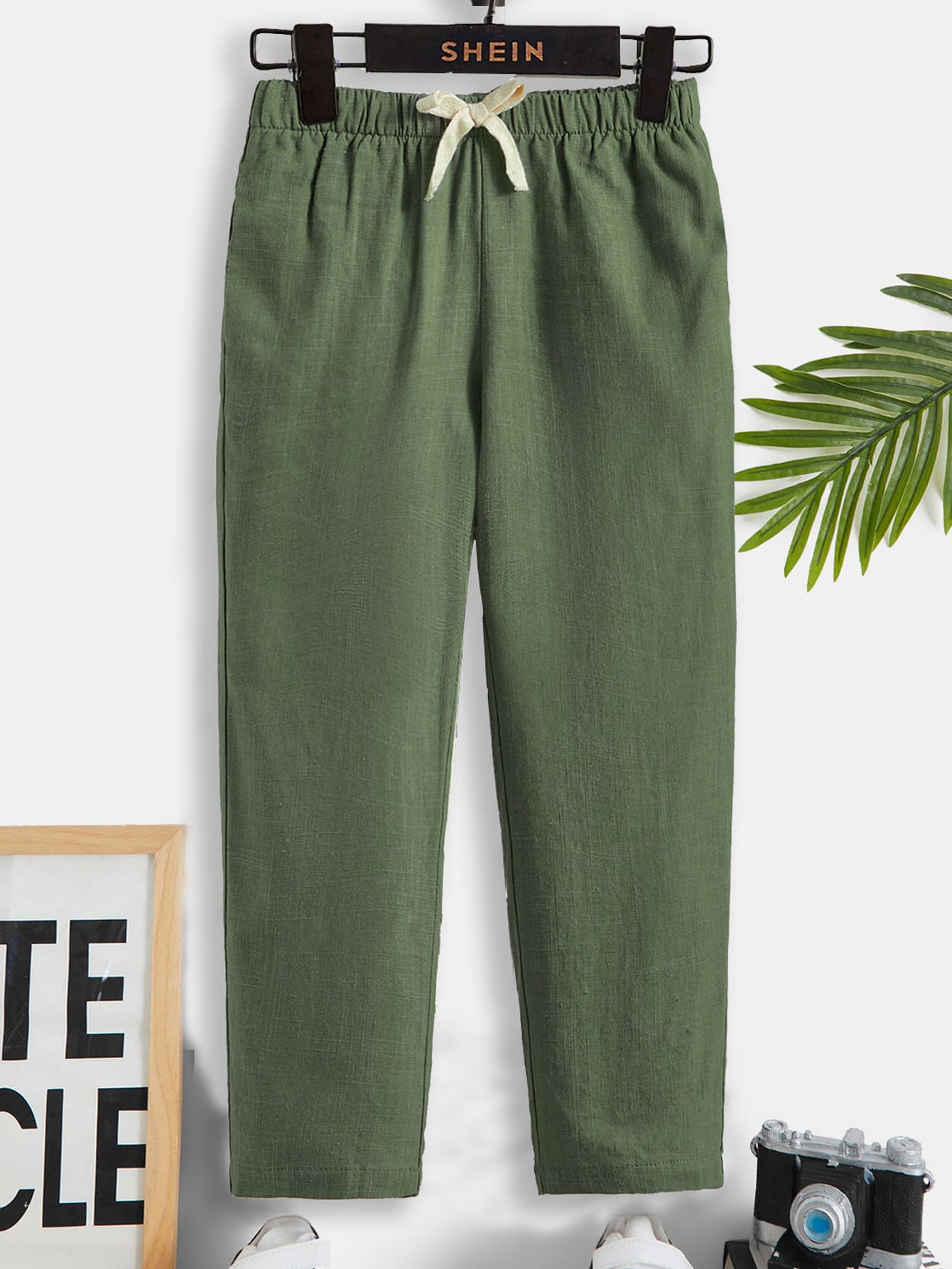 SHEIN Toddler Boys Drawstring Waist Trousers - Army Green - View 1