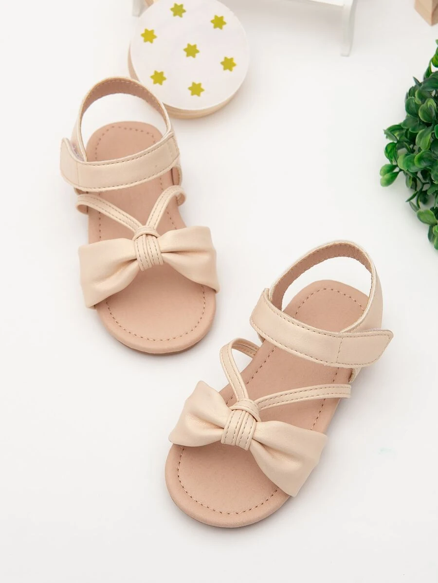 踝帶涼鞋女孩抽褶細節結飾魔術貼平底涼鞋 - 杏色 - 查看 1