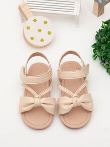 踝帶涼鞋女孩抽褶細節結飾魔術貼平底涼鞋 - 杏色 - 查看 4