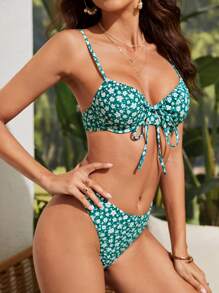 Ditsy Floral Print Tie Front Summer Beach Bikini Set - Multicolor - View 5