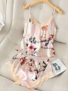 Conjunto de pijama con estampado floral ribete con encaje de satén - Multicolor - Ver 1