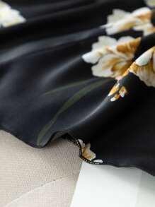 Floral Print Satin PJ Set - Black - View 3