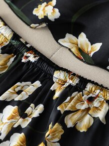 Floral Print Satin PJ Set - Black - View 5