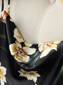 Floral Print Satin PJ Set - Black - View 6