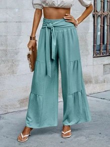 SHEIN VCAY Pantalones de pierna ancha con cordón delantero bajo con fruncido de cintura fruncido - verde menta - Ver 1