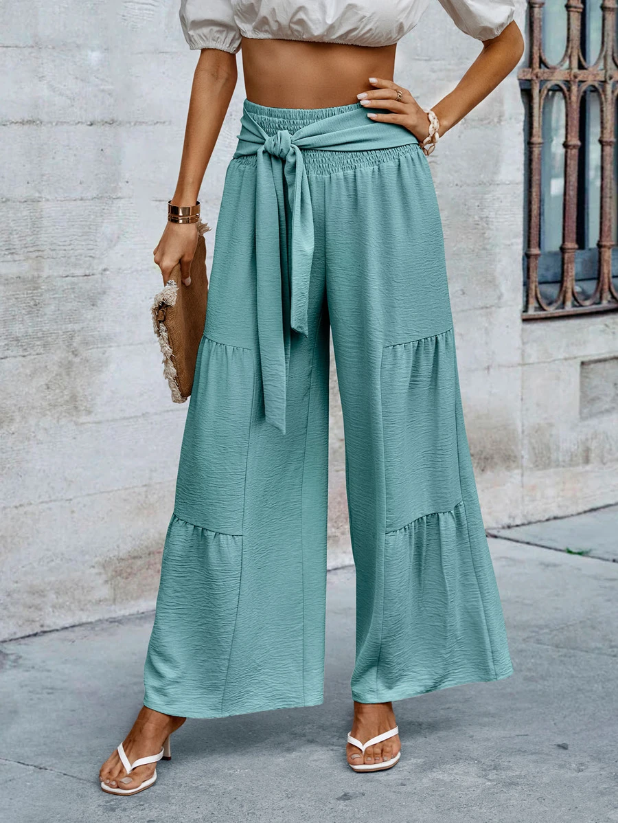 SHEIN VCAY Pantalones de pierna ancha con cordón delantero bajo con fruncido de cintura fruncido - verde menta - Ver 1