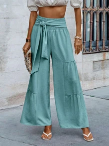 SHEIN VCAY Pantalones de pierna ancha con cordón delantero bajo con fruncido de cintura fruncido - verde menta - Ver 3