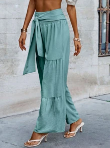 SHEIN VCAY Pantalones de pierna ancha con cordón delantero bajo con fruncido de cintura fruncido - verde menta - Ver 5