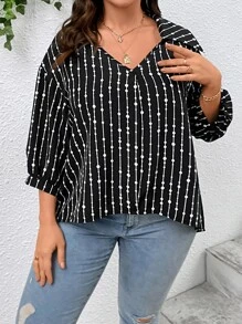 SHEIN LUNE Plus Striped & Polka Dot Print Lantern Sleeve Blouse - Black and White - View 1