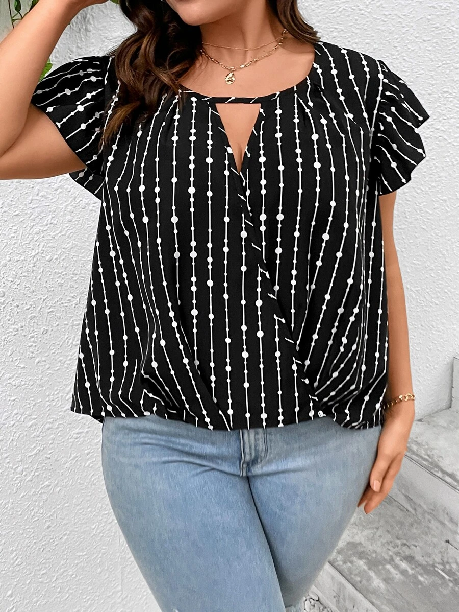 SHEIN LUNE Plus Polka Dot Print Cut Out Butterfly Sleeve Blouse - Black and White - View 1