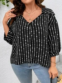 SHEIN LUNE Plus Striped & Polka Dot Print Lantern Sleeve Blouse - Black and White - View 3