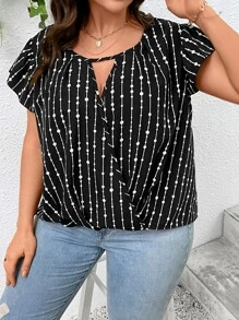 SHEIN LUNE Plus Polka Dot Print Cut Out Butterfly Sleeve Blouse - Black and White - View 3