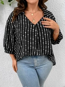 SHEIN LUNE Plus Striped & Polka Dot Print Lantern Sleeve Blouse - Black and White - View 4
