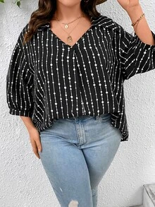 SHEIN LUNE Plus Striped & Polka Dot Print Lantern Sleeve Blouse - Black and White - View 5