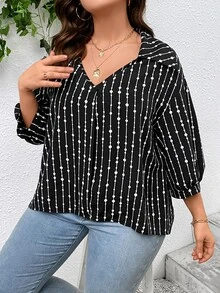 SHEIN LUNE Plus Striped & Polka Dot Print Lantern Sleeve Blouse - Black and White - View 6