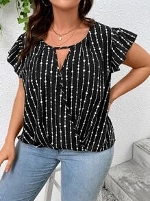 SHEIN LUNE Plus Polka Dot Print Cut Out Butterfly Sleeve Blouse - Black and White - View 6