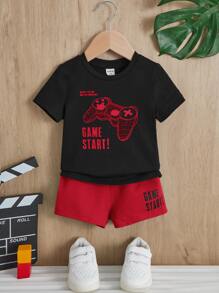 SHEIN Đứa bé trai Điều khiển tay cầm & Đồ họa Khẩu hiệu Áo thun & quần đùi - Đỏ - Xem 1