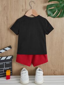 SHEIN Đứa bé trai Điều khiển tay cầm & Đồ họa Khẩu hiệu Áo thun & quần đùi - Đỏ - Xem 2