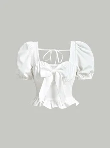 SHEIN MOD Sweetheart Neck Puff Sleeve Ruffle Trim Blouse - White - View 1