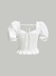 SHEIN MOD Sweetheart Neck Puff Sleeve Ruffle Trim Blouse - White - View 2