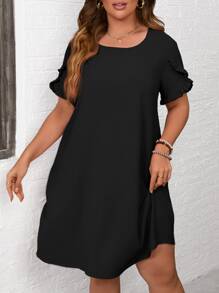 SHEIN LUNE Plus Frill Trim Petal Sleeve Tunic Dress - Black - View 1