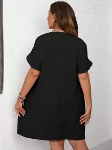 SHEIN LUNE Plus Frill Trim Petal Sleeve Tunic Dress - Black - View 2