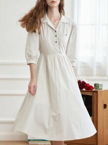 Simple Retro 條紋印花前紐扣襯衫連衣裙 - 白色 - 查看 1
