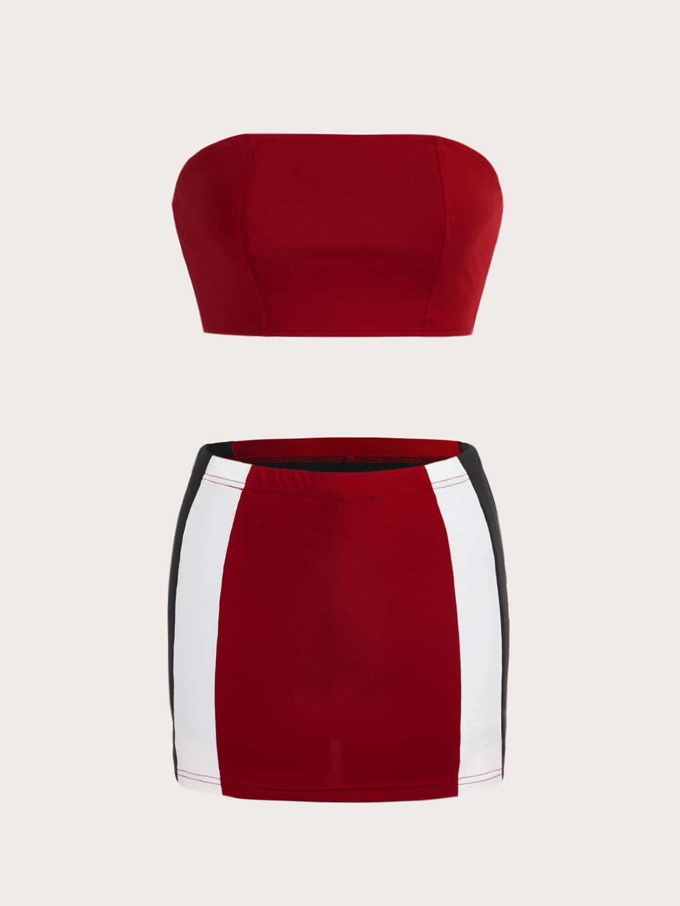 SHEIN ICON Bikercore Solid Crop Tube Top & Colourblock Bodycon Skirt - Red - View 1