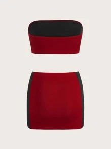 SHEIN ICON Bikercore Solid Crop Tube Top & Colourblock Bodycon Skirt - Red - View 2