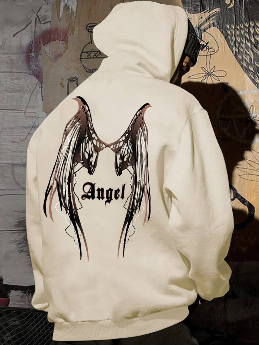 Manfinity Men Letter & Wings Print Drawstring Thermal Lined Hoodie - Khaki - View 1