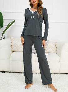 Striped Print Contrast Mesh Bow Front PJ Set - Dark Grey - View 4