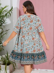 SHEIN VCAY Plus Floral Print Tie Neck Dress - Multicolor - View 2