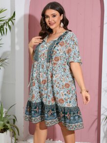 SHEIN VCAY Plus Floral Print Tie Neck Dress - Multicolor - View 4