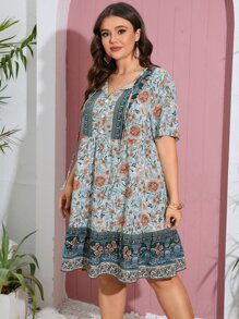 SHEIN VCAY Plus Floral Print Tie Neck Dress - Multicolor - View 5