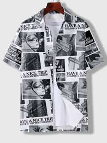 Manfinity Men Slogan Graphic Button Through Shirt - Black and White - View 1