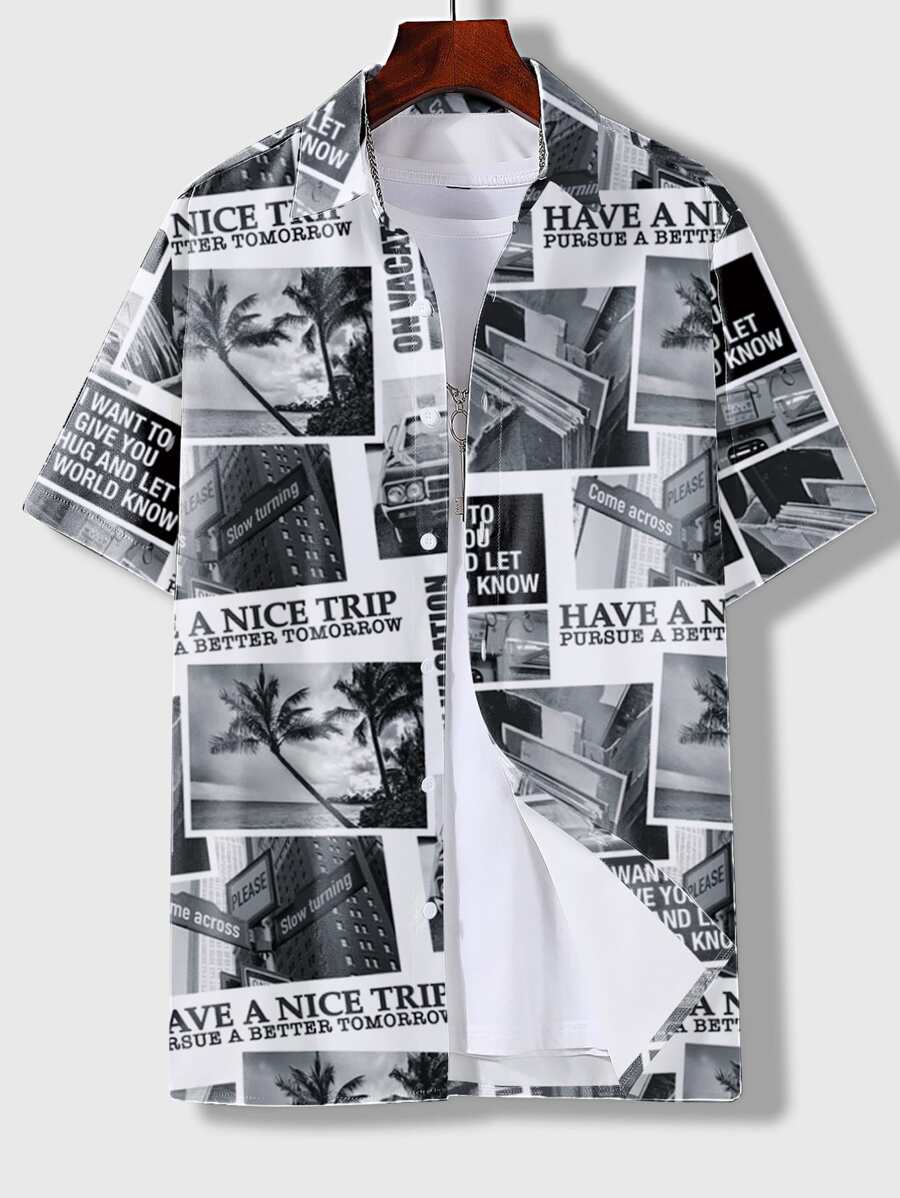 Manfinity Men Slogan Graphic Button Through Shirt - Black and White - View 1