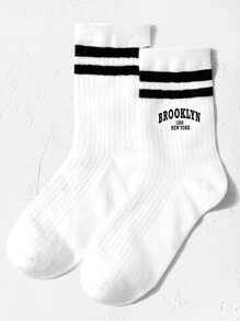 1pair Kids' Double Stripes & Letter Sporty Tube Socks Brooklyn 1898 Round Neck Socks, Suitable For Daily Wear - Black and White - View 2
