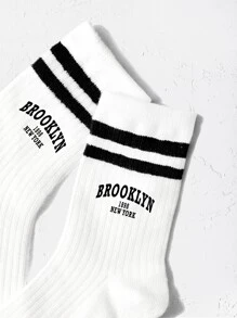 1pair Kids' Double Stripes & Letter Sporty Tube Socks Brooklyn 1898 Round Neck Socks, Suitable For Daily Wear - Black and White - View 3